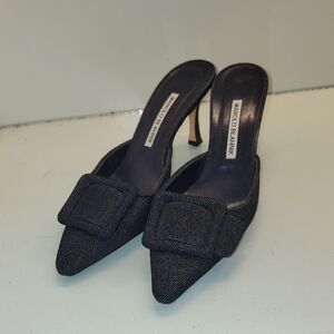 Manolo Blahnik Blue Denim Heeled Mules